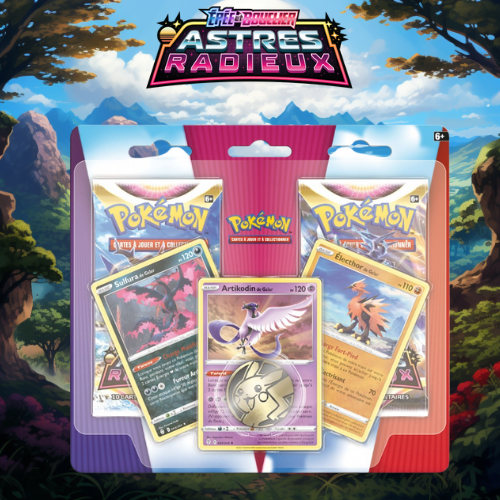 Duo Pack Pokémon d'octobre 2022 contenant 2 Boosters Astres Radieux et 3 cartes promo Sulfura Articodin et Electhor