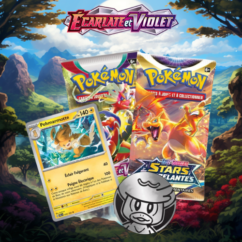 Duo Pack Pokémon de Juin 2024 contenant 1 booster Stars Etincelantes et 1 booster Ecarlate et Violet