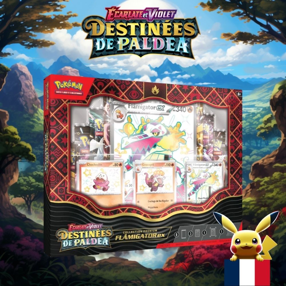 Coffret Pokémon Collection Premium Flamigator EV4.5 Destinées de Paldéa 8 Boosters Monpokestore