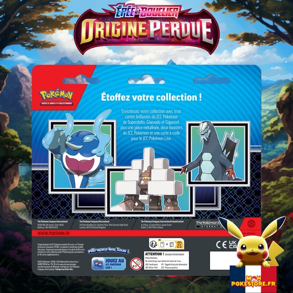 Duo Pack Pokémon d'Avril 2024 contenant 1 booster Origine Perdue et 1 booster Evolution à Paldéa, vue arrière du duopack