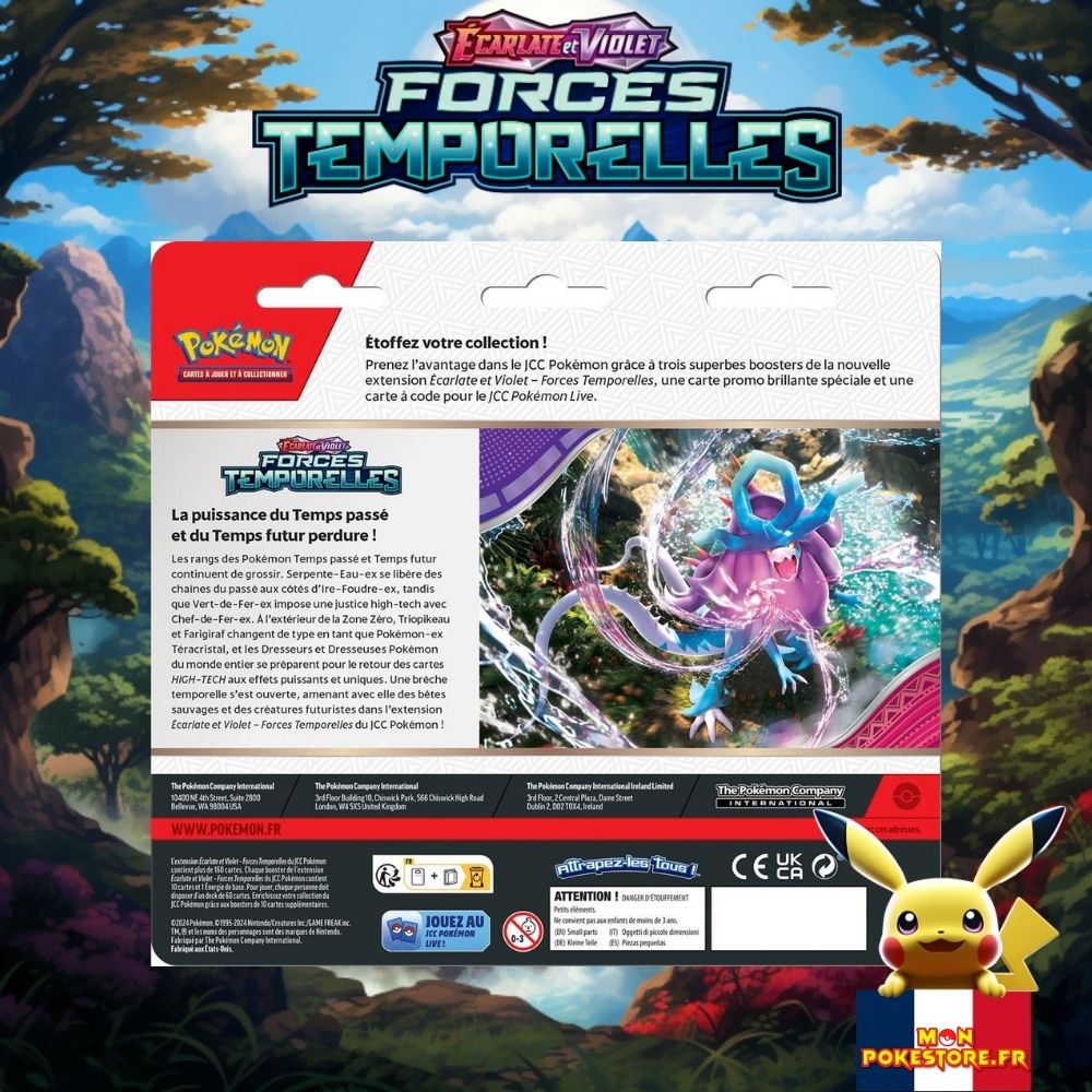 Tripack Pokémon EV05 Forces Temporelles Mélo et Motorizard 3 boosters vue arrière Monpokestore