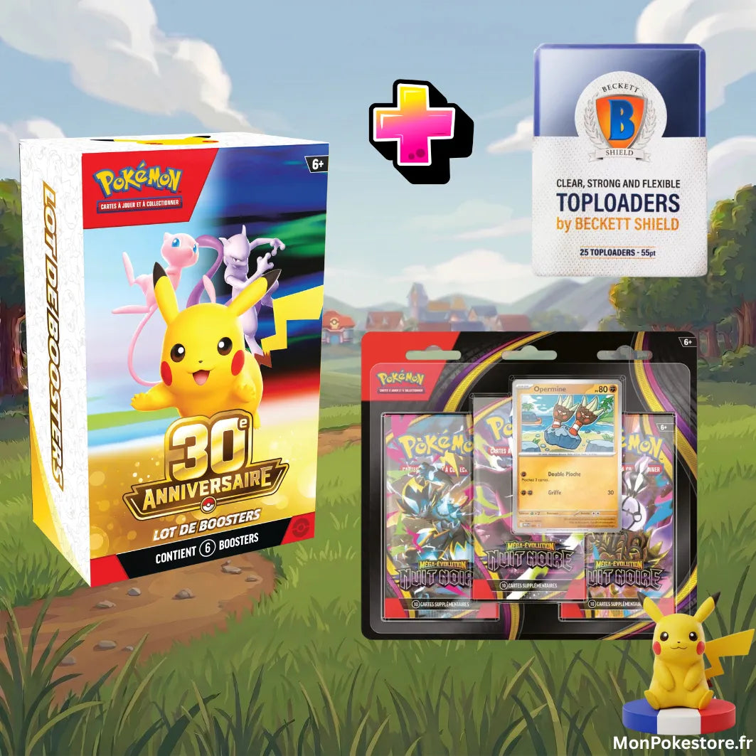 [PRECO]-Lot Pokémon Anniversaire 30 Ans : Bundle + Tripack ME05 + Toploader Beckett Shield