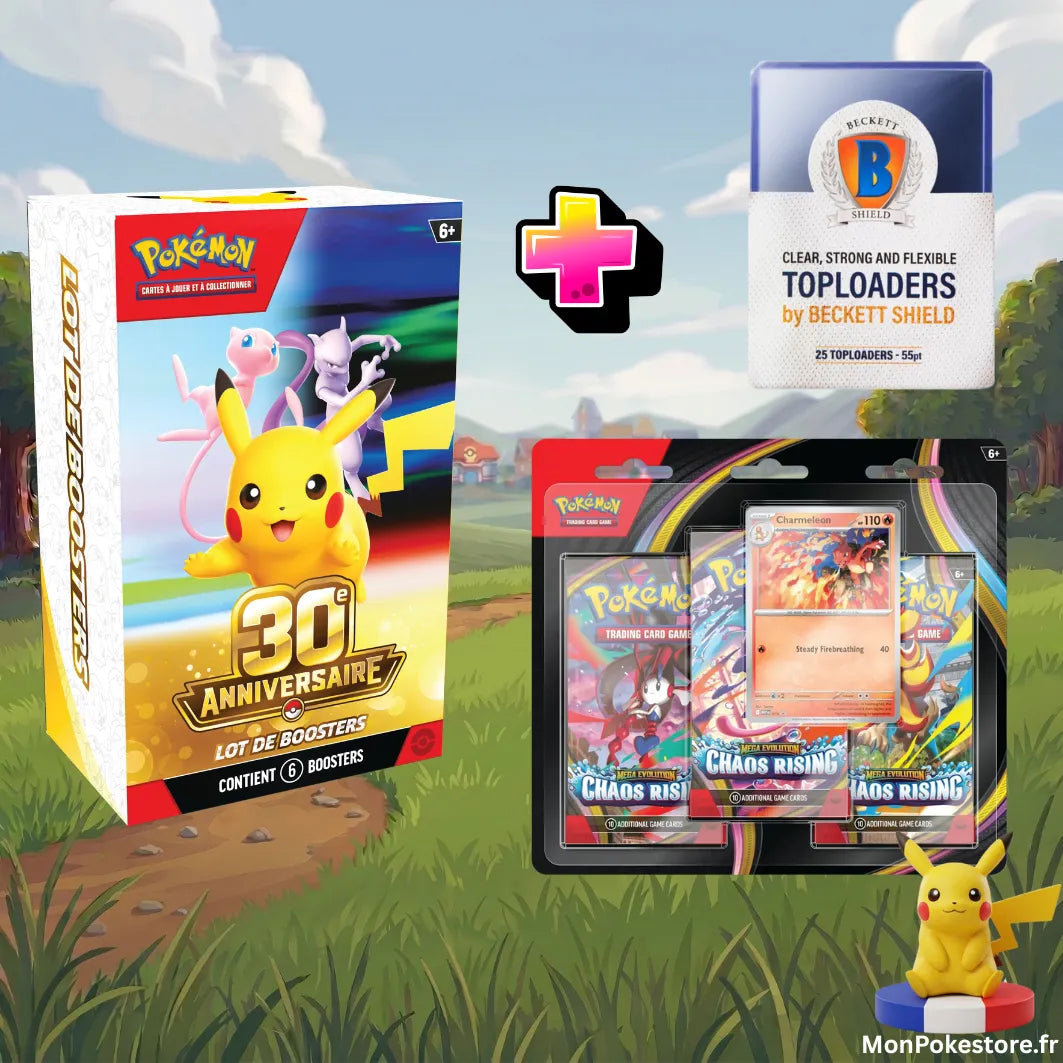 [PRECO]-Lot Pokémon Anniversaire 30 Ans : Bundle + Tripack ME04 + Toploader Beckett Shield