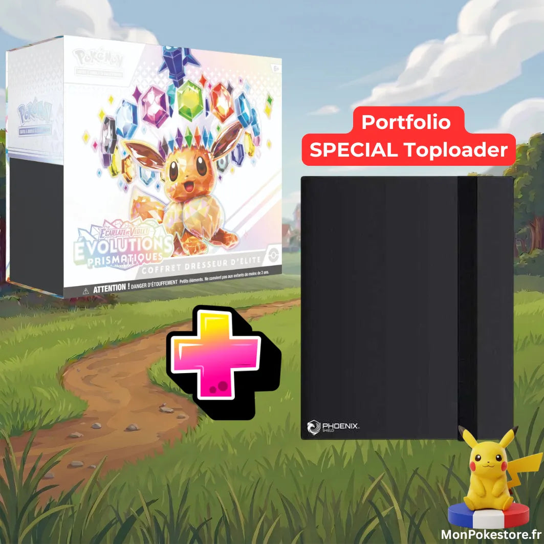 Lot Pokémon 2026 : ETB Évolutions Prismatiques + Album Toploader Phoenix Shield